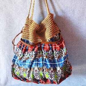 Capelli Straworld Woven Straw Cotton Fabric Boho Summer Shoulder Bag Drawstring
